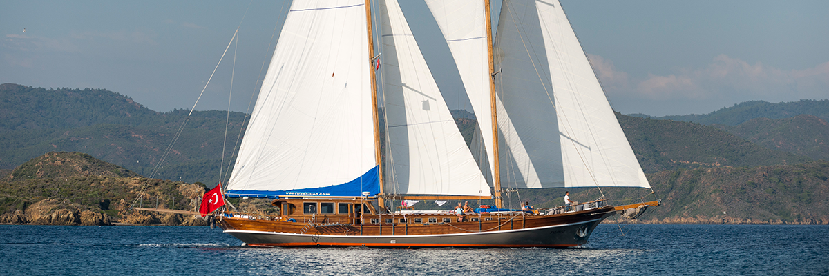 Gulet leaving port at Bodrum on a Turkish gulet charter