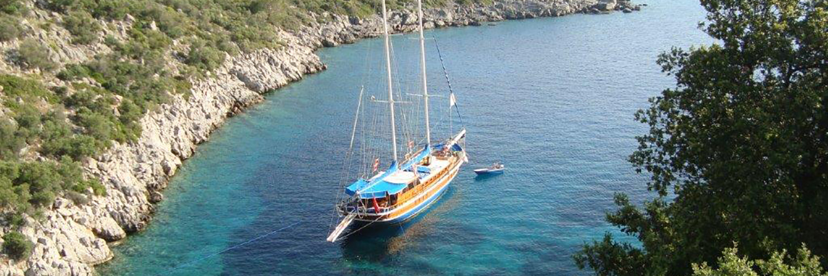 Turkish gulet Borina 1 at anchor in a quiet Aegean cove